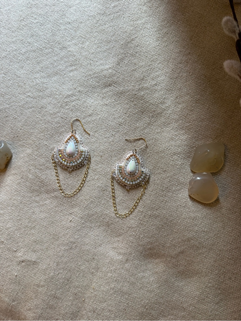 Gold and White Teardrop Dangle Earrings - Women Jewelry